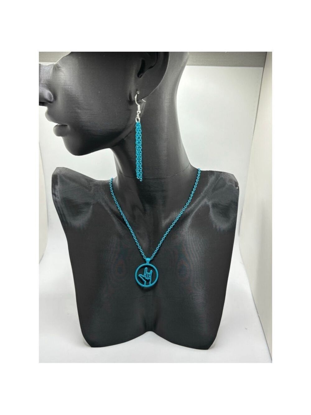 I Love You Hand Sign Necklace Earring Set Teal NWOT - Picture 3 of 5